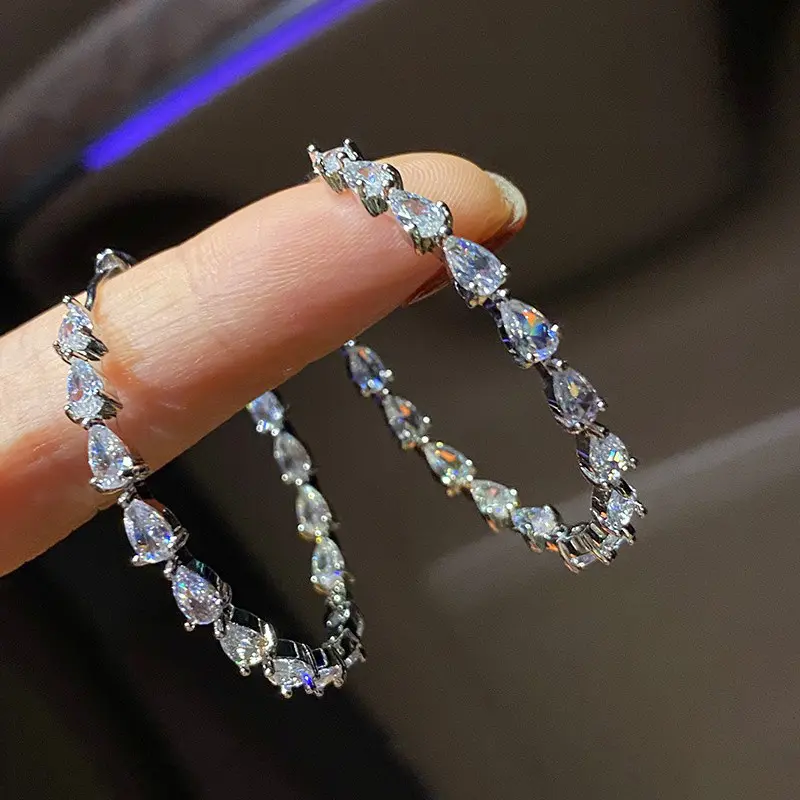 Huitan Luxury Pear Cubic Zirconia Crystal Hoop Earrings for Women Daily Wear Statement Girls Accessories Modern Fashion Jewelry