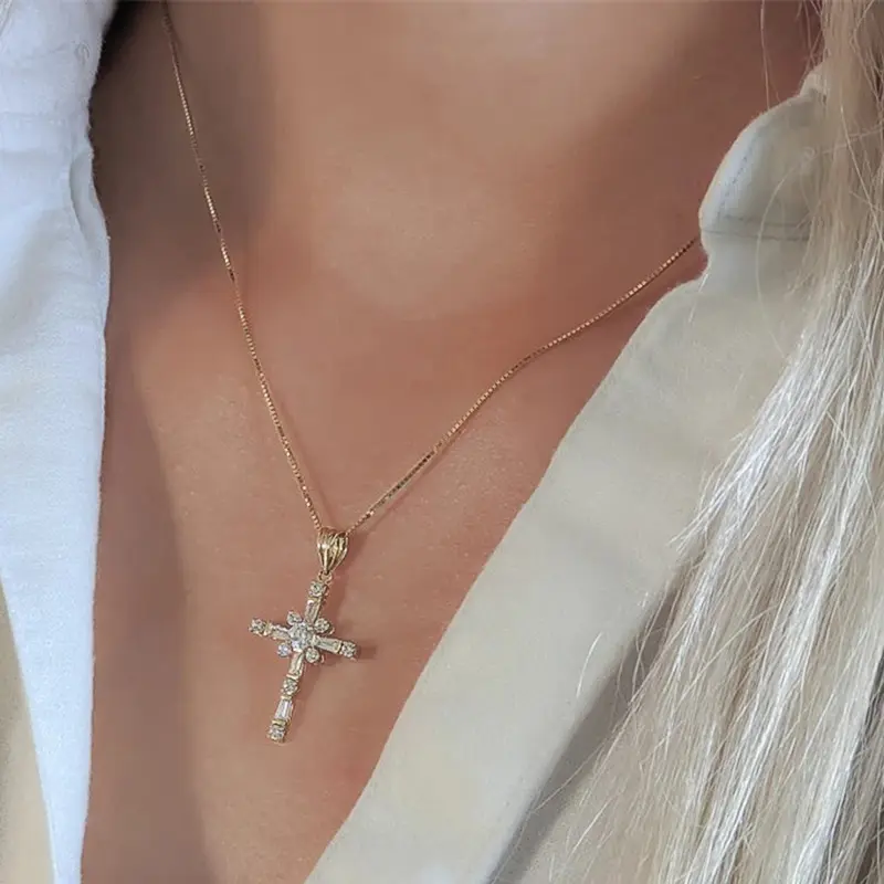 Huitan Modern Fashion Cross Necklace for Women Exquisite Cubic Zirconia Pendant Necklace Gold Color Temperament Female Jewelry