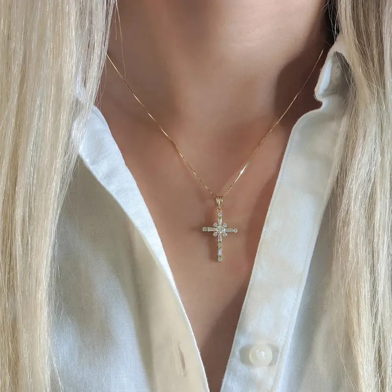 Huitan Modern Fashion Cross Necklace for Women Exquisite Cubic Zirconia Pendant Necklace Gold Color Temperament Female Jewelry