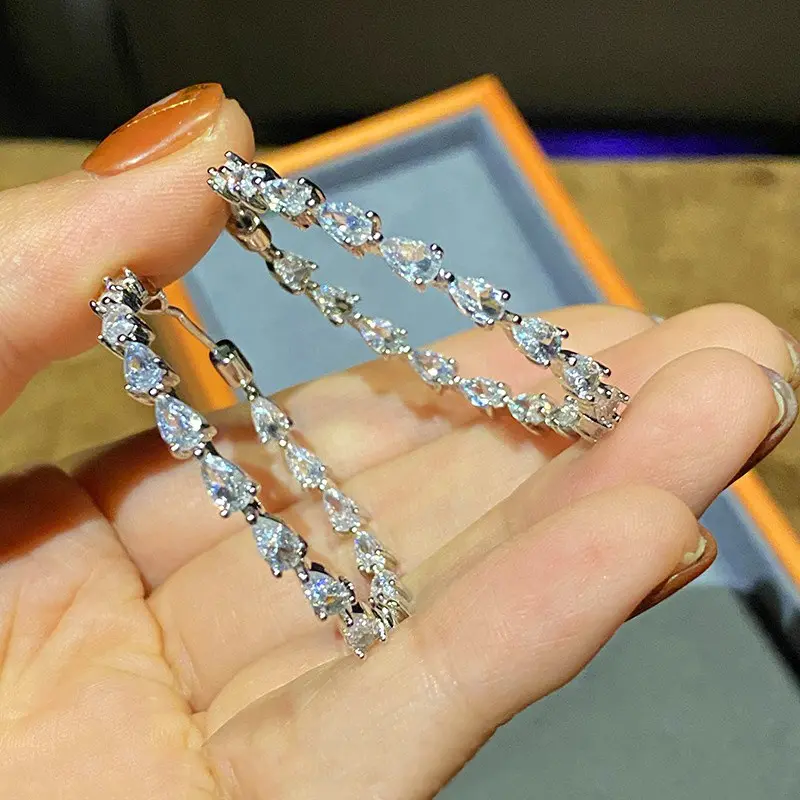 Huitan Luxury Pear Cubic Zirconia Crystal Hoop Earrings for Women Daily Wear Statement Girls Accessories Modern Fashion Jewelry
