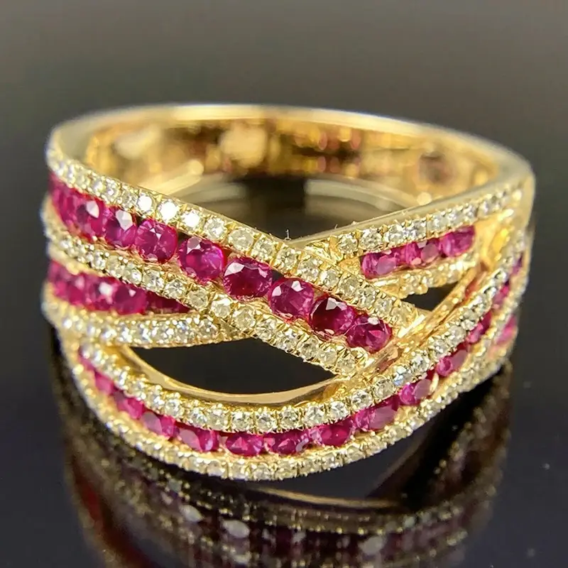 Huitan Bright Rose Red CZ Cross Rings for Women New Gorgeous Wedding Band Accessory Anniversary Gift Temperament Lady's Jewelry