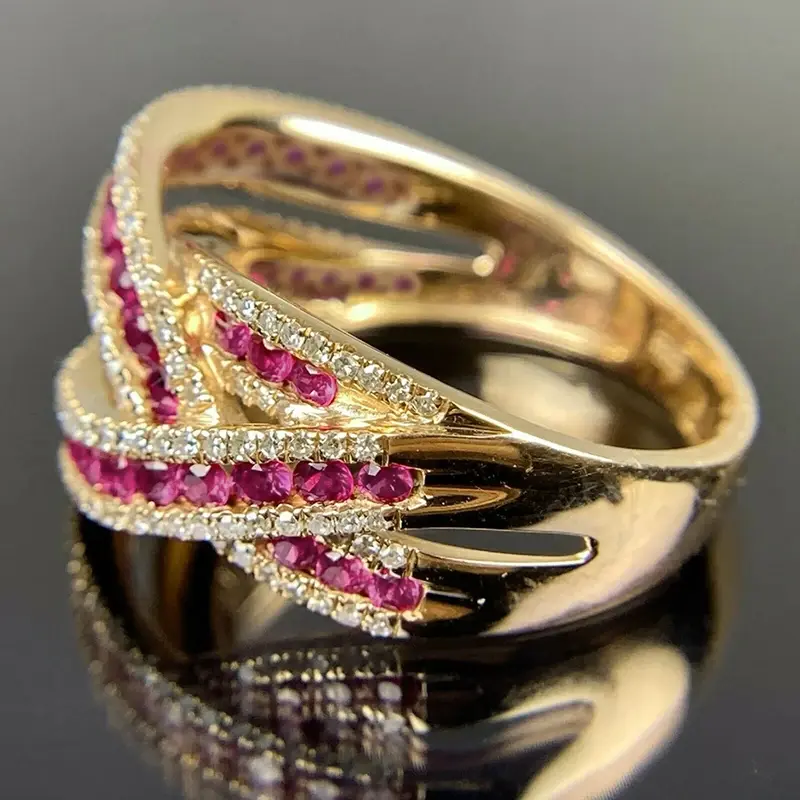 Huitan Bright Rose Red CZ Cross Rings for Women New Gorgeous Wedding Band Accessory Anniversary Gift Temperament Lady's Jewelry