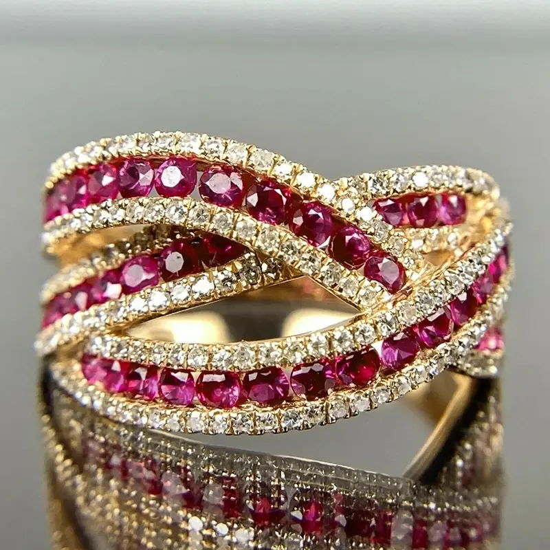 Huitan Bright Rose Red CZ Cross Rings for Women New Gorgeous Wedding Band Accessory Anniversary Gift Temperament Lady's Jewelry
