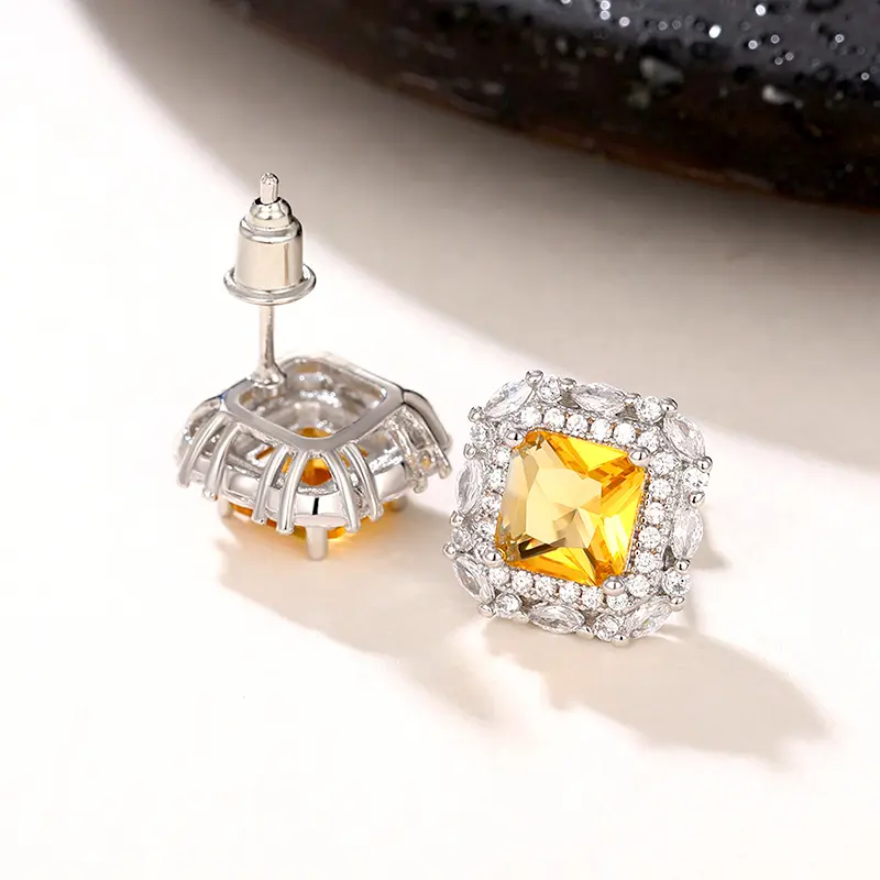Huitan Stylish Stud Earrings Bright Red/Yellow/White Cubic Zirconia Ear Studs Female Engagement Ceremony Accessories Jewelry