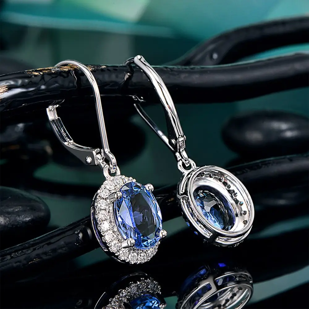 Huitan Luxury Women Drop Earrings Oval Blue CZ Noble Lady's Accessories Party Elegant Female Earrings Daily Wear Fashion Jewelry