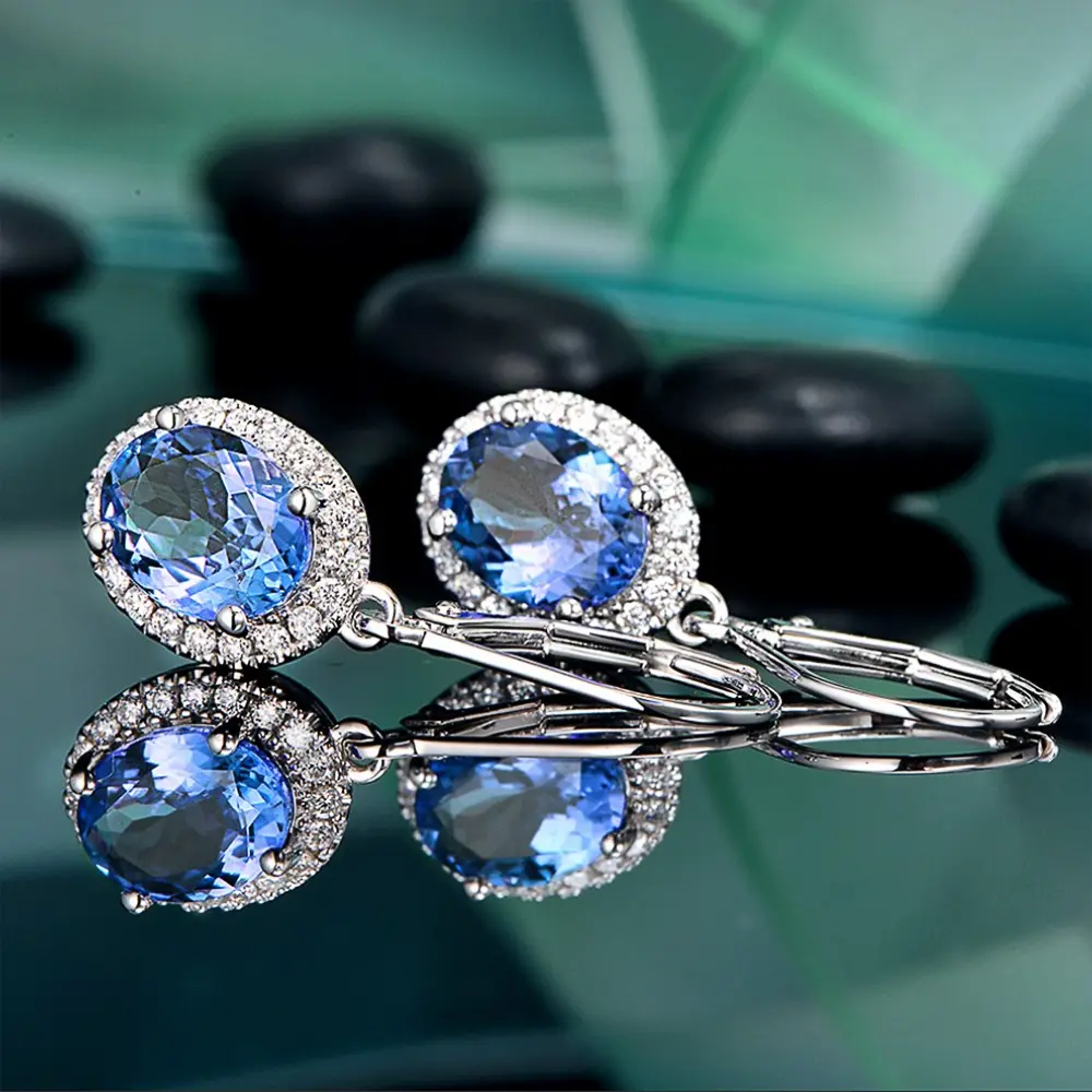 Huitan Luxury Women Drop Earrings Oval Blue CZ Noble Lady's Accessories Party Elegant Female Earrings Daily Wear Fashion Jewelry