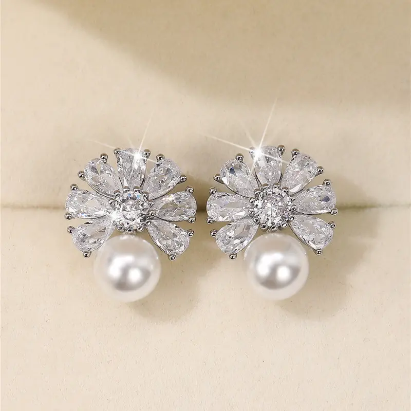 Huitan Luxury Cubic Zirconia Imitation Pearl Earrings Women Ear Piercing Engagement Wedding Party Elegant Lady Earrings Jewelry