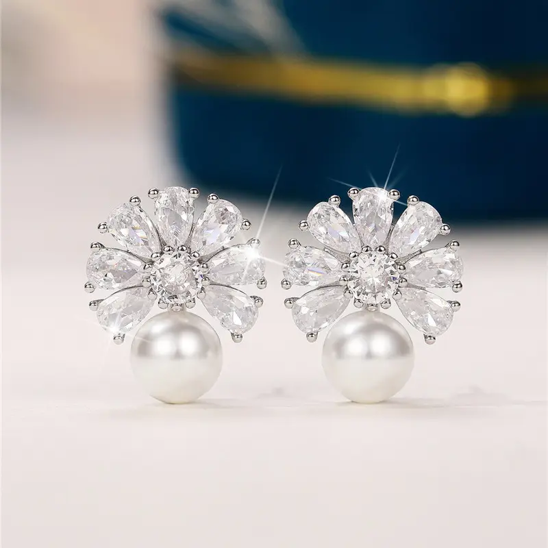 Huitan Luxury Cubic Zirconia Imitation Pearl Earrings Women Ear Piercing Engagement Wedding Party Elegant Lady Earrings Jewelry