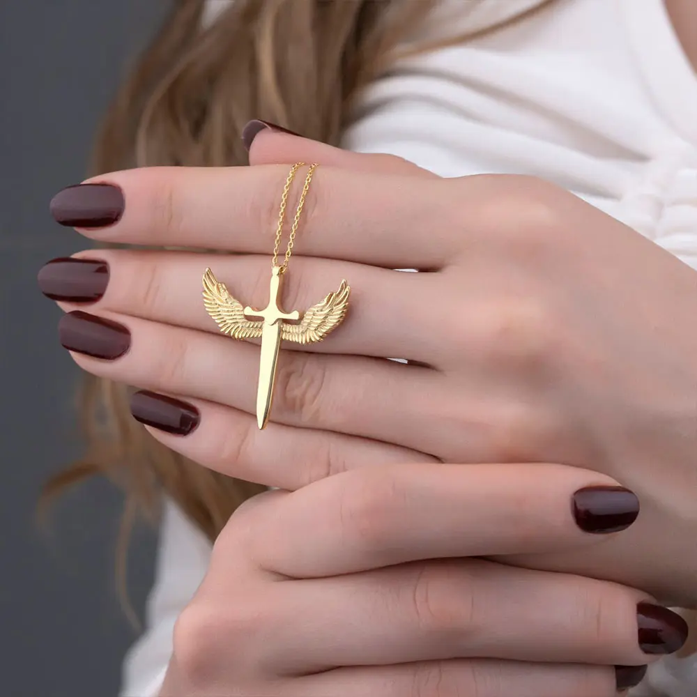 Huitan New Design Angle Wing Pendant Necklace Cool Sword Cross Shape Fashion Female Necklace Party Daily Wear Exquisite Jewelry