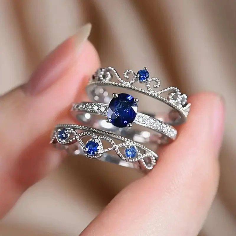 Huitan Unique Design 3Pcs Set Rings Women with Blue Cubic Zirconia Luxury Crown Wedding Accessories for Female Fashion Jewelry