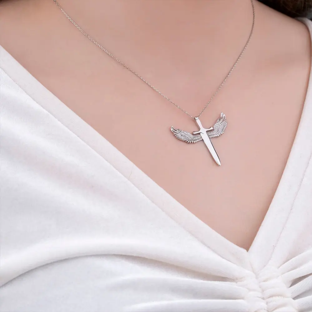 Huitan New Design Angle Wing Pendant Necklace Cool Sword Cross Shape Fashion Female Necklace Party Daily Wear Exquisite Jewelry