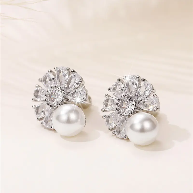 Huitan Luxury Cubic Zirconia Imitation Pearl Earrings Women Ear Piercing Engagement Wedding Party Elegant Lady Earrings Jewelry