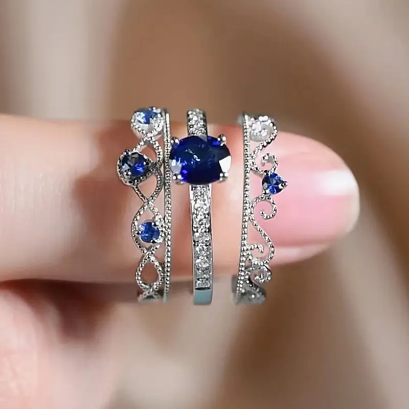Huitan Unique Design 3Pcs Set Rings Women with Blue Cubic Zirconia Luxury Crown Wedding Accessories for Female Fashion Jewelry