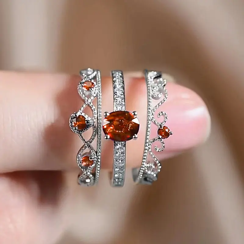 Huitan Unique Design 3Pcs Set Rings Women with Blue Cubic Zirconia Luxury Crown Wedding Accessories for Female Fashion Jewelry