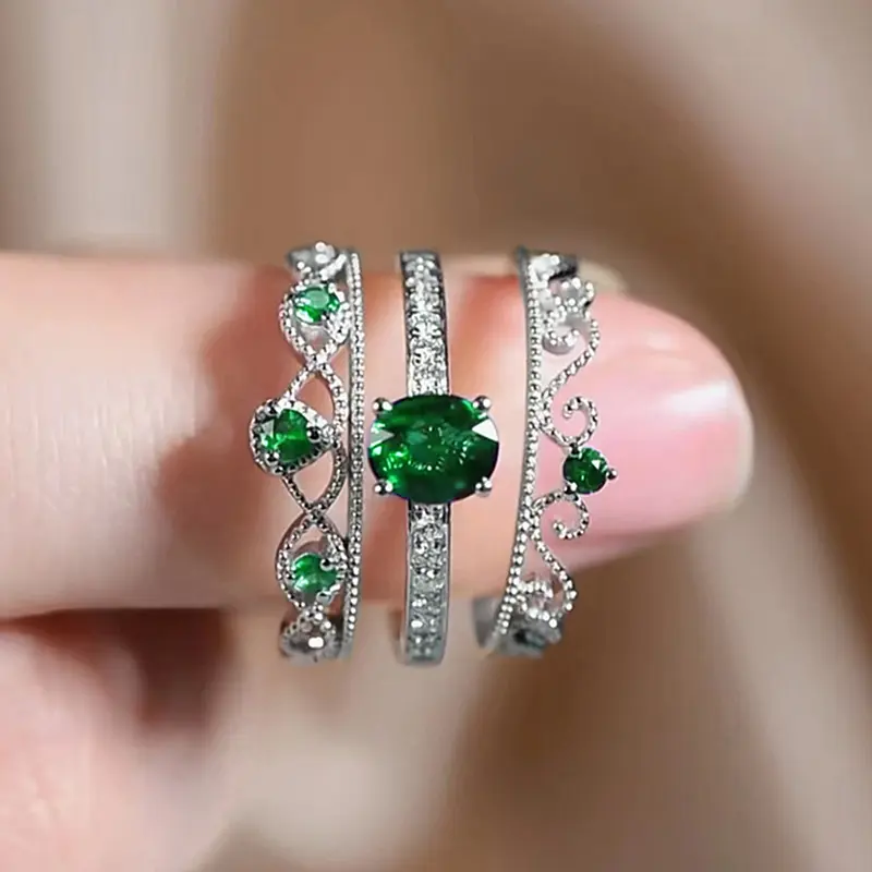 Huitan Unique Design 3Pcs Set Rings Women with Blue Cubic Zirconia Luxury Crown Wedding Accessories for Female Fashion Jewelry