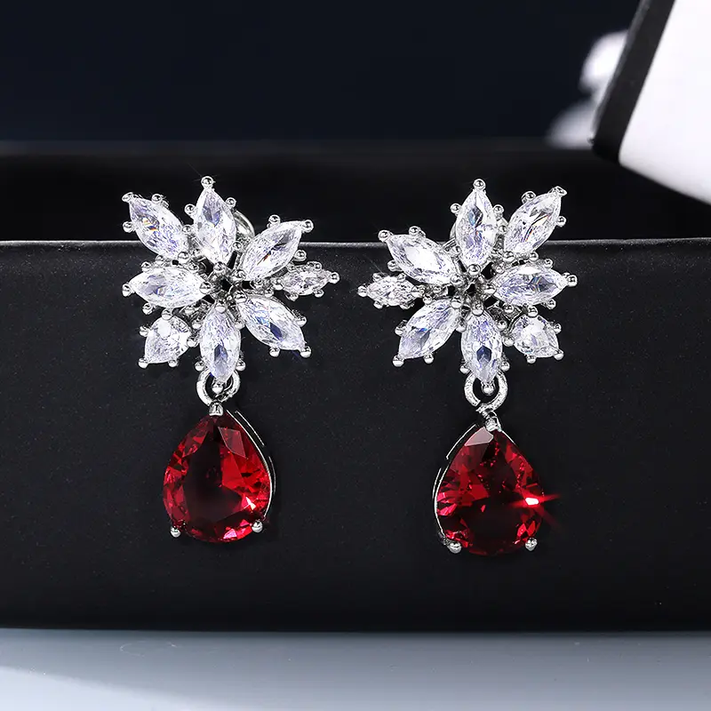 Huitan Elegant Women's Drop Earrings for Dance Party Crystal Red CZ Pendent Wedding Anniversary Female Earring Fashion Jewelry