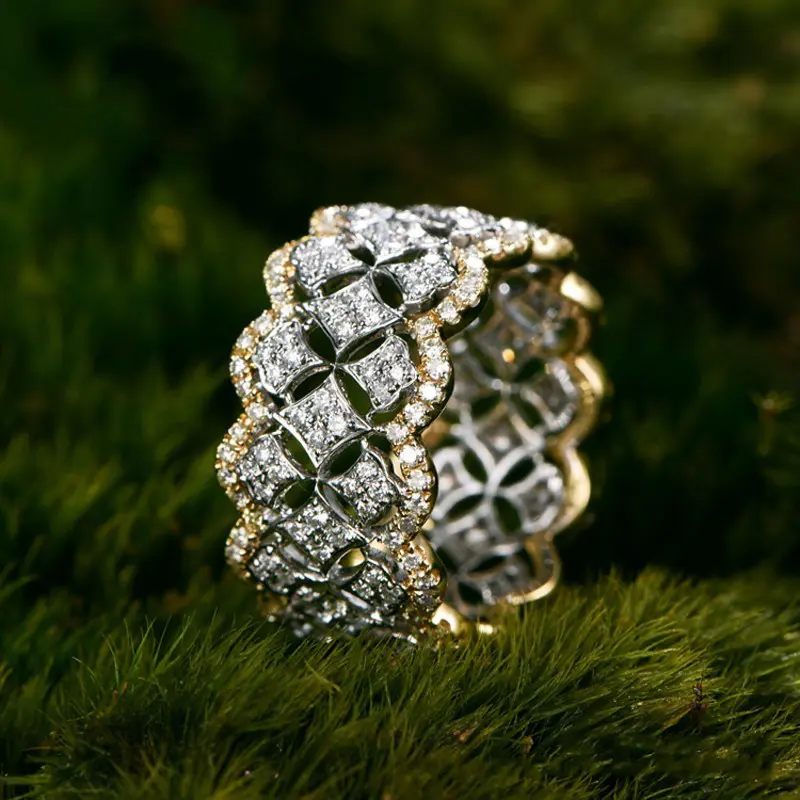 Huitan Newly Designed Two Tone Wide Ring for Women Hollow Out Design Luxury Trendy Female Accessories Party Statement Jewelry