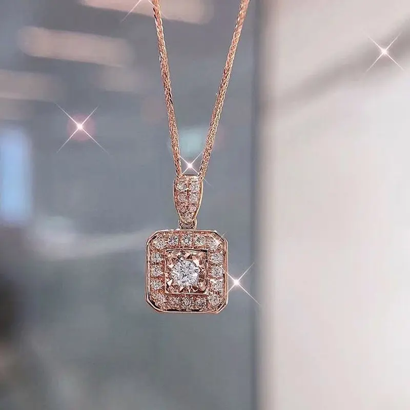 Huitan Geometric Square Shaped Pendant Necklace for Women Silver Color/Rose Gold Color Fashion Versatile Female Necklace Jewelry