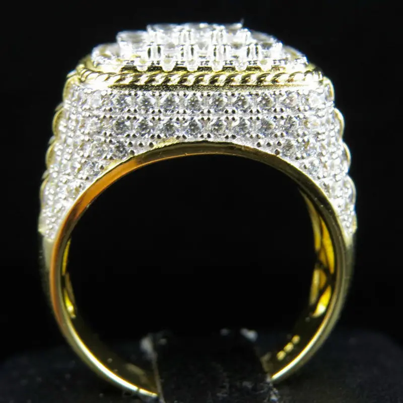 Huitan Trendy Hip Hop Rock  Men Ring  For Party Light Gold  Color Full Bling Iced Out Cubic  Micro Paved CZ Rings Gift Jewelry