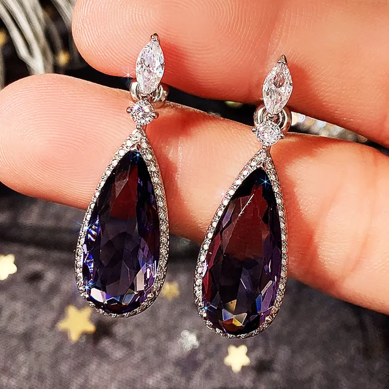 Huitan Big Teardrop Purple CZ Stone Drop Earrings High Quality Silver Color Gorgeous Women Accessories Wedding Trend Hot Jewelry