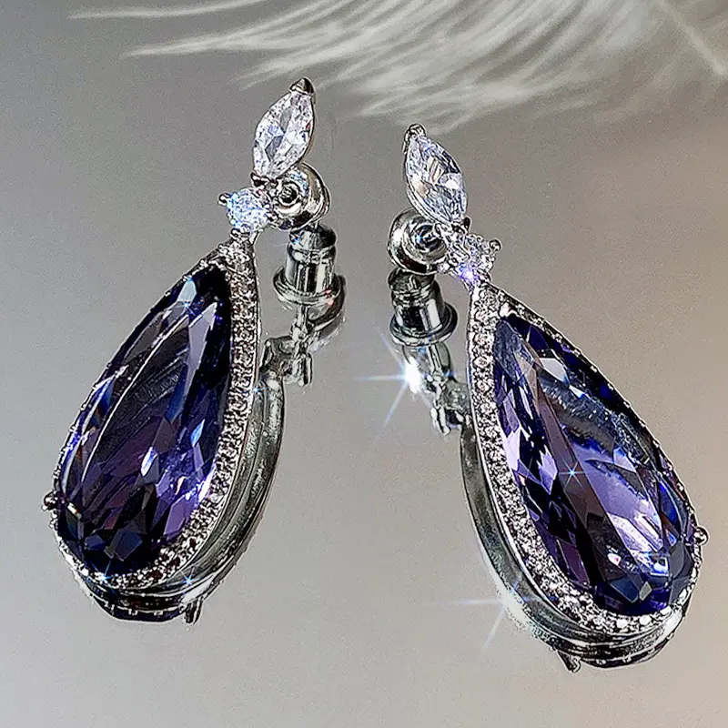 Huitan Big Teardrop Purple CZ Stone Drop Earrings High Quality Silver Color Gorgeous Women Accessories Wedding Trend Hot Jewelry