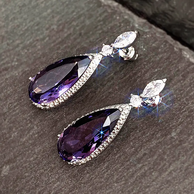 Huitan Big Teardrop Purple CZ Stone Drop Earrings High Quality Silver Color Gorgeous Women Accessories Wedding Trend Hot Jewelry