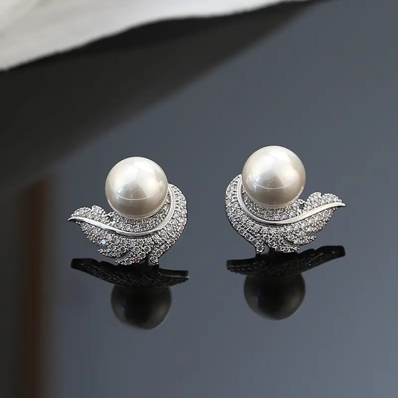 Huitan Micro Pave Cz Earrings with Feather Shape Female Aesthetic Luxury Jewelry Chic Simulated Pearl Accessories for Engagement