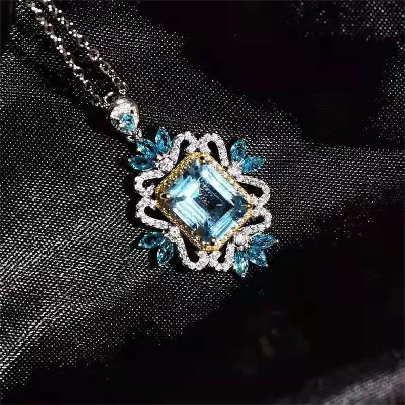 Huitan Bohemia Style Blue Cubic Zirconia Pendant Necklace for Women Hollow Out Flower Design Temperament Wedding Party Jewelry
