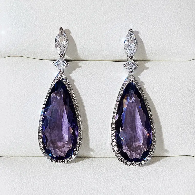 Huitan Big Teardrop Purple CZ Stone Drop Earrings High Quality Silver Color Gorgeous Women Accessories Wedding Trend Hot Jewelry