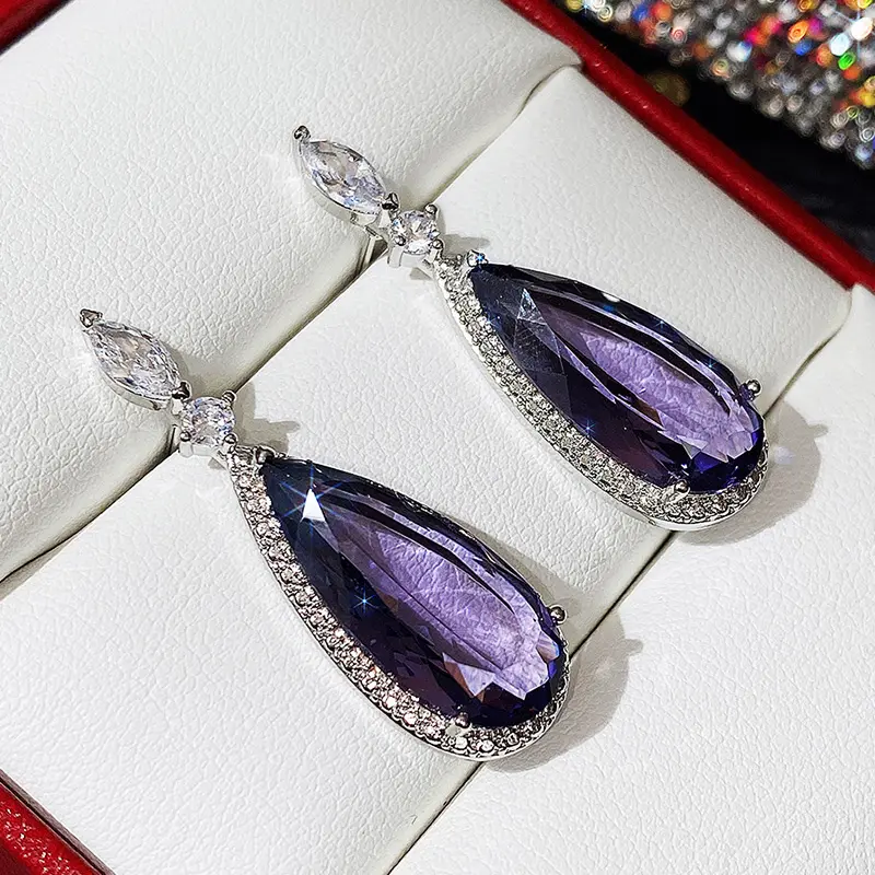 Huitan Big Teardrop Purple CZ Stone Drop Earrings High Quality Silver Color Gorgeous Women Accessories Wedding Trend Hot Jewelry