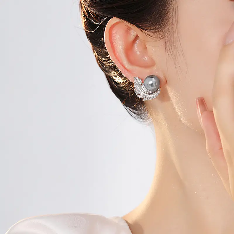 Huitan Micro Pave Cz Earrings with Feather Shape Female Aesthetic Luxury Jewelry Chic Simulated Pearl Accessories for Engagement
