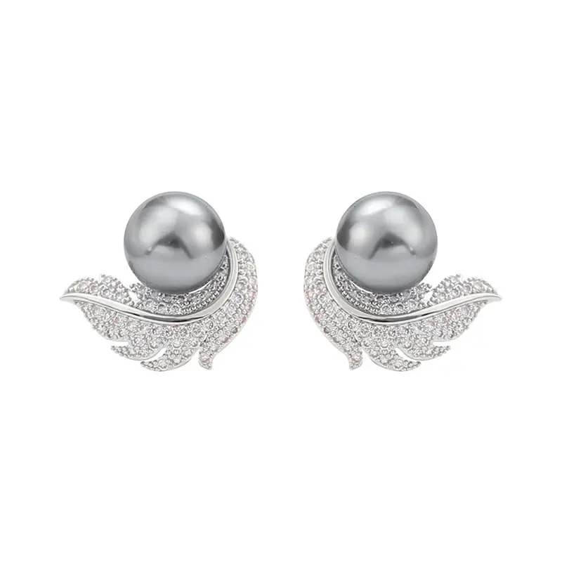 Huitan Micro Pave Cz Earrings with Feather Shape Female Aesthetic Luxury Jewelry Chic Simulated Pearl Accessories for Engagement
