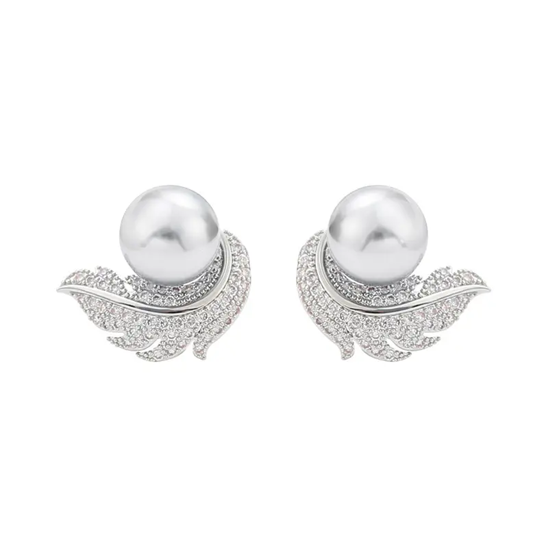 Huitan Micro Pave Cz Earrings with Feather Shape Female Aesthetic Luxury Jewelry Chic Simulated Pearl Accessories for Engagement