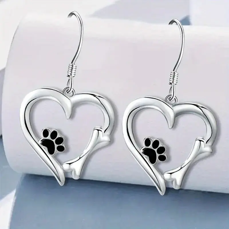 Huitan Funny Dog Footprint Heart Designed Drop Earrings Trendy Fresh Girls’ Party Jewelry Cute Daily Love Dog Earrings for Women