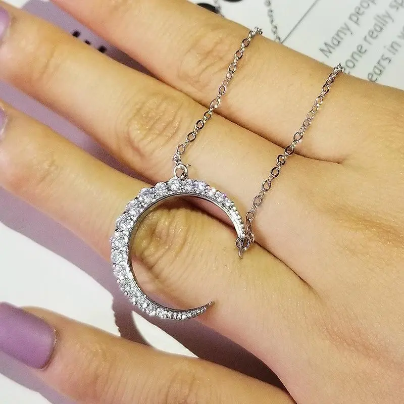 Huitan Aesthetic Moon Necklace for Women Silver Color Fancy Birthday Gift Cubic Zirconia Trendy Neck Accessories Female Jewelry