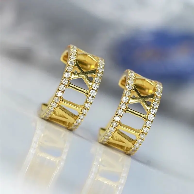 Huitan Fashion Lady Gold Color Loop Earrings Shiny Cubic Zirconia Accessories with Roman Numerals Design Statement Jewelry