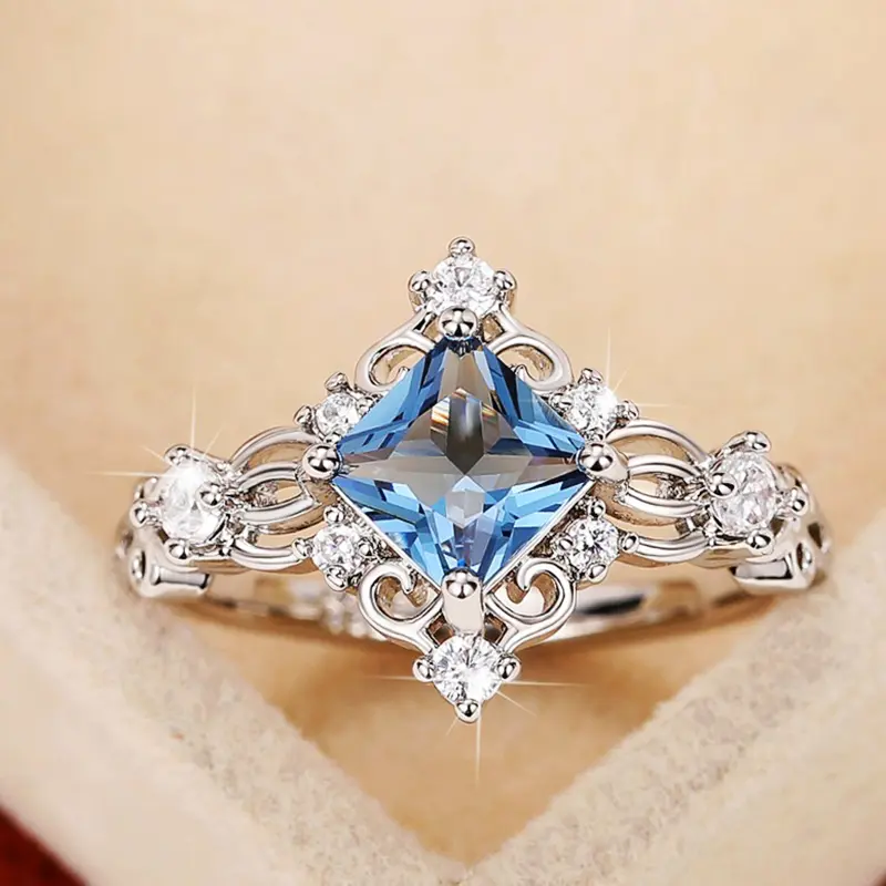 Huitan Princess Cut Blue Cubic Zirconia Women Rings Hollow Band Temperament Bridal Wedding Accessories Anniversary Party Jewelry