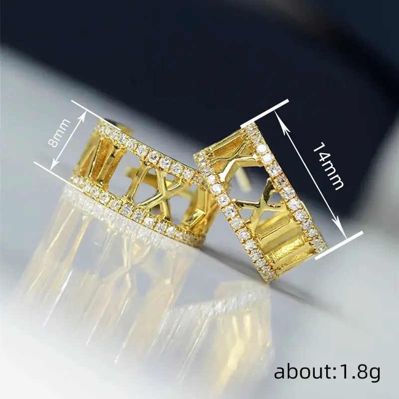 Huitan Fashion Lady Gold Color Loop Earrings Shiny Cubic Zirconia Accessories with Roman Numerals Design Statement Jewelry