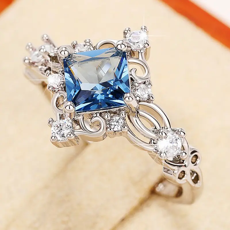 Huitan Princess Cut Blue Cubic Zirconia Women Rings Hollow Band Temperament Bridal Wedding Accessories Anniversary Party Jewelry