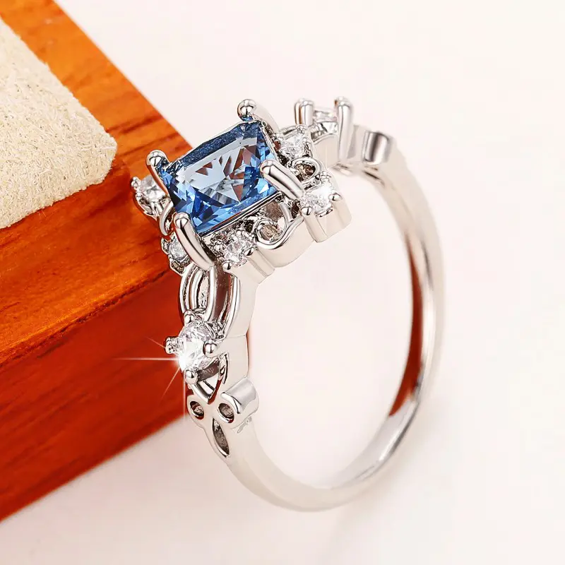 Huitan Princess Cut Blue Cubic Zirconia Women Rings Hollow Band Temperament Bridal Wedding Accessories Anniversary Party Jewelry