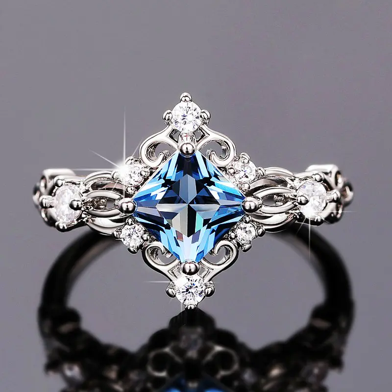 Huitan Princess Cut Blue Cubic Zirconia Women Rings Hollow Band Temperament Bridal Wedding Accessories Anniversary Party Jewelry