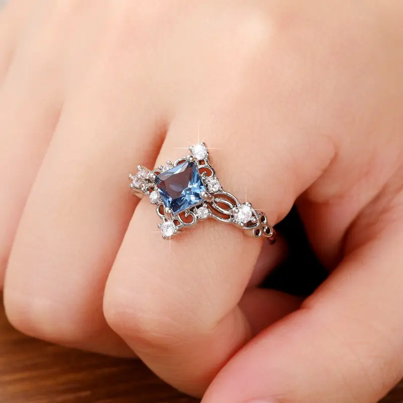 Huitan Princess Cut Blue Cubic Zirconia Women Rings Hollow Band Temperament Bridal Wedding Accessories Anniversary Party Jewelry