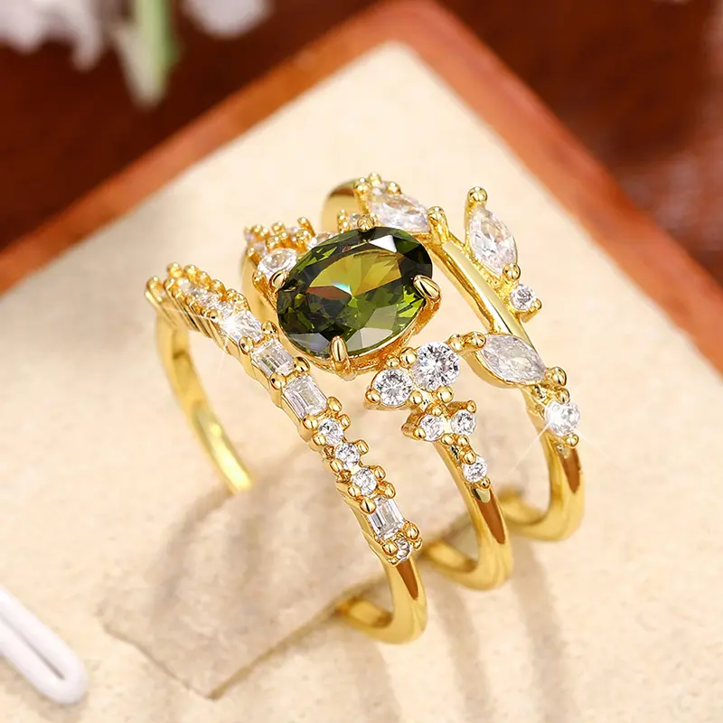 Huitan Gorgeous 3Pcs Set Women Rings Olive Green Cubic Zirconia Luxury Gold Color Wedding Rings Anniversary Party Trendy Jewelry