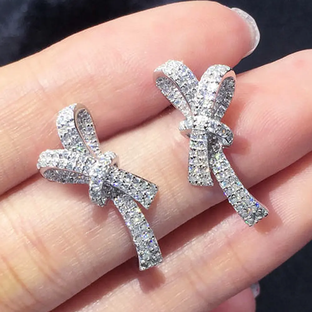 Huitan Trendy Luxury Bow Stud Earrings for Women Full Paved CZ Brilliant Bride Wedding Earrings Chic Accessories Fashion Jewelry