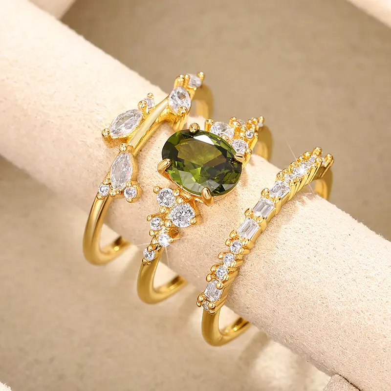 Huitan Gorgeous 3Pcs Set Women Rings Olive Green Cubic Zirconia Luxury Gold Color Wedding Rings Anniversary Party Trendy Jewelry