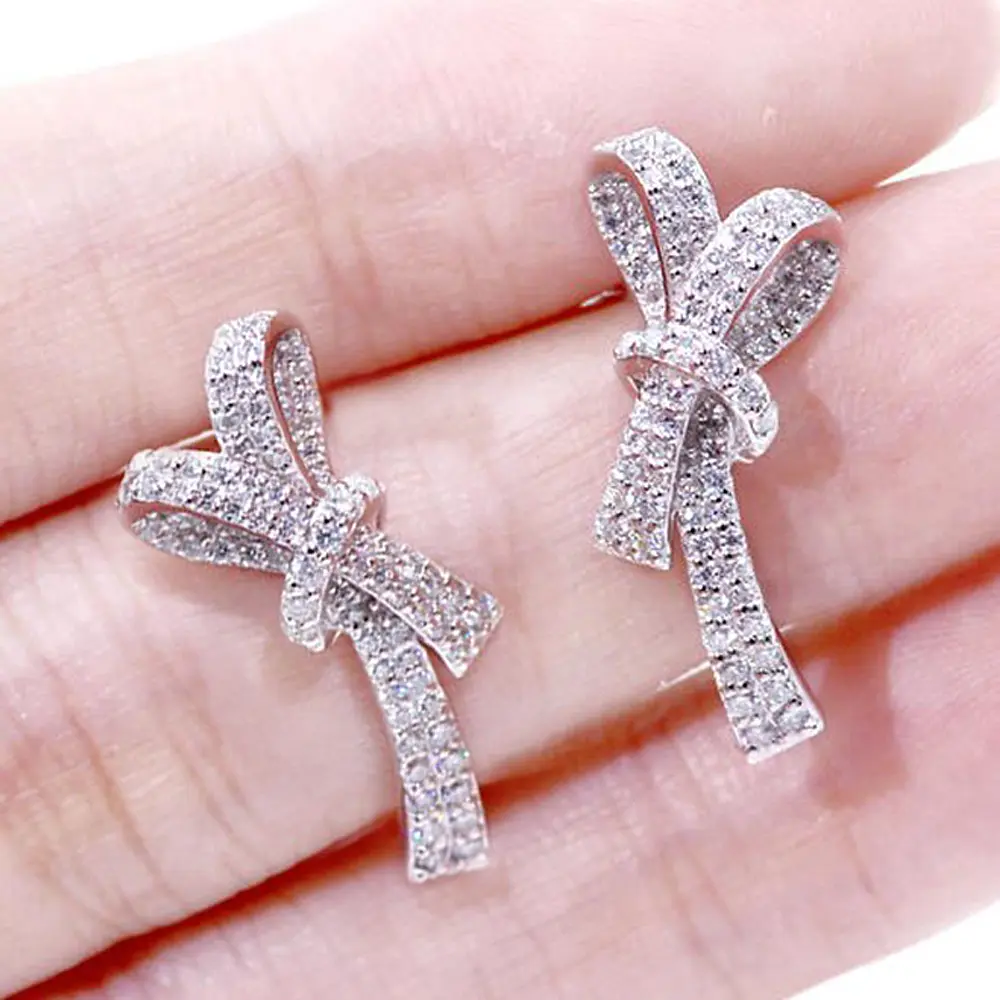 Huitan Trendy Luxury Bow Stud Earrings for Women Full Paved CZ Brilliant Bride Wedding Earrings Chic Accessories Fashion Jewelry