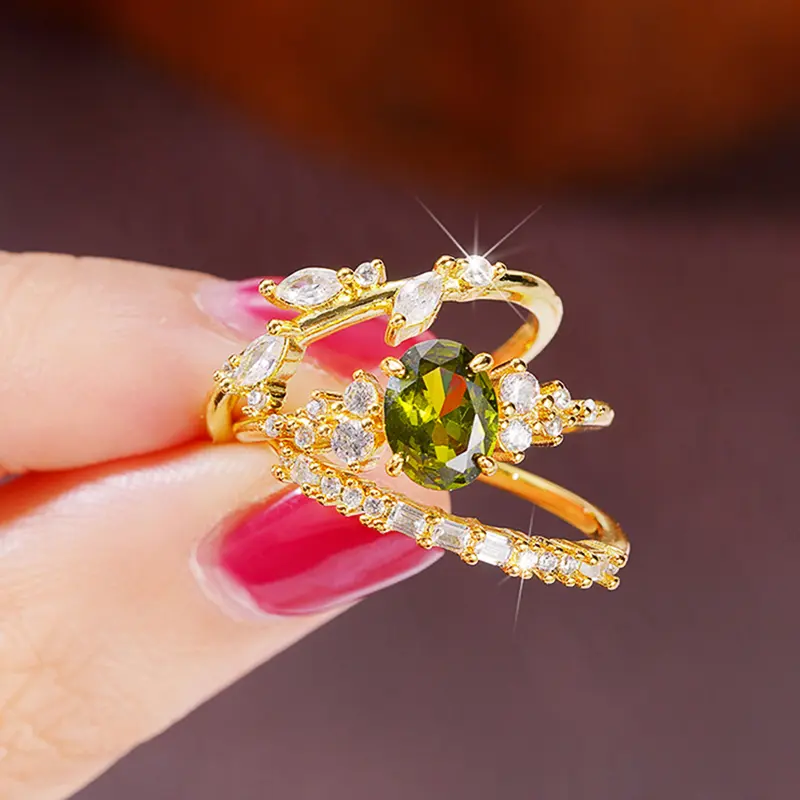 Huitan Gorgeous 3Pcs Set Women Rings Olive Green Cubic Zirconia Luxury Gold Color Wedding Rings Anniversary Party Trendy Jewelry