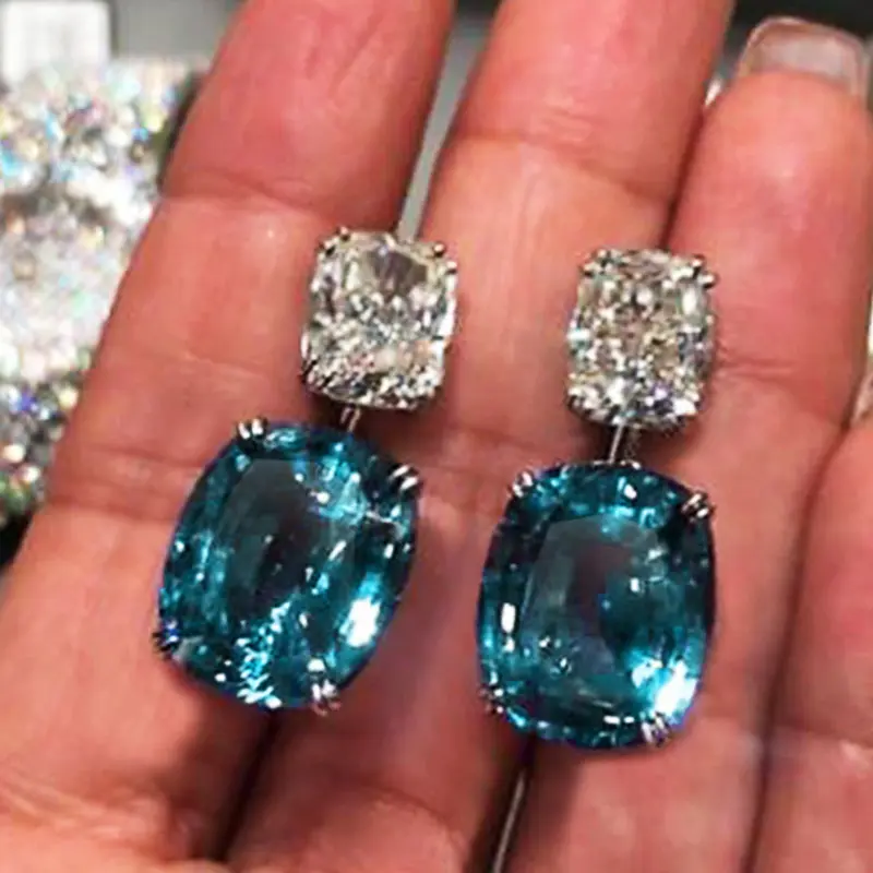 Huitan Blue/White Cubic Zirconia Dangle Earrings Brilliant Women's Accessories Silver Color Luxury Fashion Wedding Party Jewelry