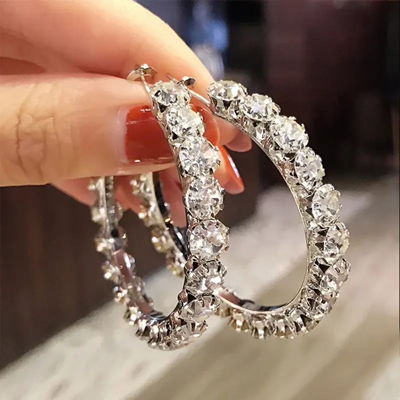 Huitan Hiphop Style Big Circle Hoop Earring for Women Inlaid Crystal Cubic Zirconia Shiny Versatile Female Jewelry Drop Shipping