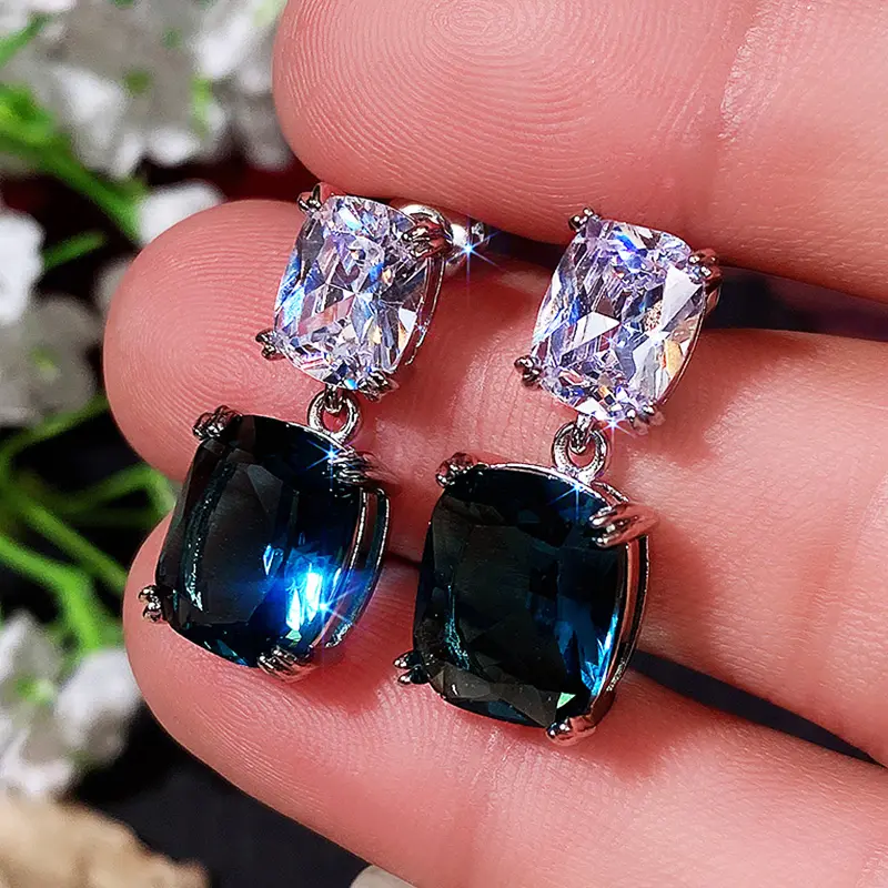 Huitan Blue/White Cubic Zirconia Dangle Earrings Brilliant Women's Accessories Silver Color Luxury Fashion Wedding Party Jewelry